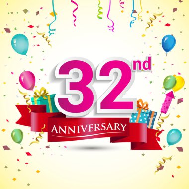 doğum günü partin için hediye kutusu ve balonlar, kırmızı kurdele, renkli vektör şablon öğeleri ile 32 yıldönümü kutlama tasarım