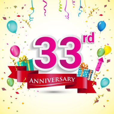 doğum günü partin için hediye kutusu ve balonlar, kırmızı kurdele, renkli vektör şablon öğeleri ile 33 yıldönümü kutlama tasarım