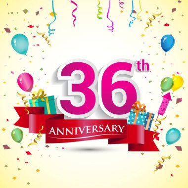 doğum günü partin için hediye kutusu ve balonlar, kırmızı kurdele, renkli vektör şablon öğeleri ile 36 yıldönümü kutlama tasarım