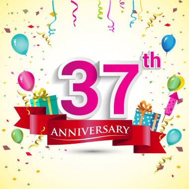 doğum günü partin için hediye kutusu ve balonlar, kırmızı kurdele, renkli vektör şablon öğeleri ile 37 yıldönümü kutlama tasarım