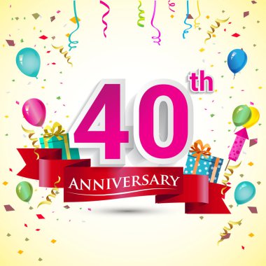 doğum günü partin için hediye kutusu ve balonlar, kırmızı kurdele, renkli vektör şablon öğeleri ile 40 yıldönümü kutlama tasarım