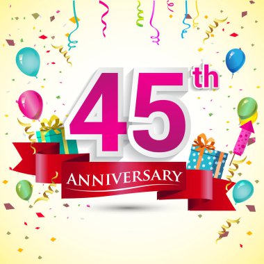 doğum günü partin için hediye kutusu ve balonlar, kırmızı kurdele, renkli vektör şablon öğeleri ile 45 yıldönümü kutlama tasarım
