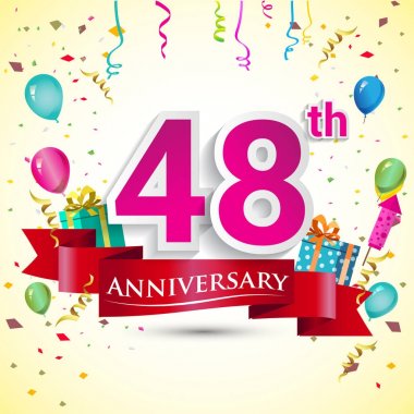 doğum günü partin için hediye kutusu ve balonlar, kırmızı kurdele, renkli vektör şablon öğeleri ile 48 yıldönümü kutlama tasarım