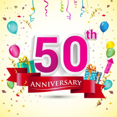 doğum günü partin için hediye kutusu ve balonlar, kırmızı kurdele, renkli vektör şablon öğeleri ile 50 yıldönümü kutlama tasarım