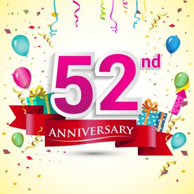 doğum günü partin için hediye kutusu ve balonlar, kırmızı kurdele, renkli vektör şablon öğeleri ile 52 yıldönümü kutlama tasarım