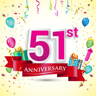 51. inci yıldönümü kutlama tasarım, doğum günü partin için hediye kutusu ve balonlar, kırmızı kurdele, renkli vektör şablon öğeleri ile