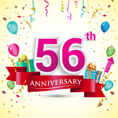 doğum günü partin için hediye kutusu ve balonlar, kırmızı kurdele, renkli vektör şablon öğeleri ile 56 yıldönümü kutlama tasarım