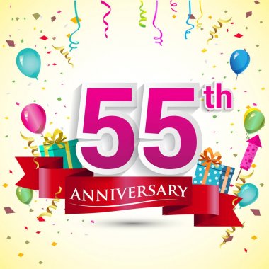 doğum günü partin için hediye kutusu ve balonlar, kırmızı kurdele, renkli vektör şablon öğeleri ile 55 yıldönümü kutlama tasarım