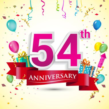doğum günü partin için hediye kutusu ve balonlar, kırmızı kurdele, renkli vektör şablon öğeleri ile 54 yıldönümü kutlama tasarım