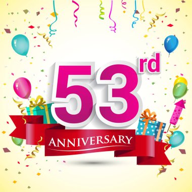 doğum günü partin için hediye kutusu ve balonlar, kırmızı kurdele, renkli vektör şablon öğeleri ile 53 yıldönümü kutlama tasarım