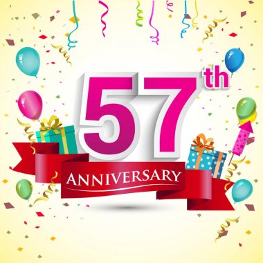 doğum günü partin için hediye kutusu ve balonlar, kırmızı kurdele, renkli vektör şablon öğeleri ile 57 yıldönümü kutlama tasarım