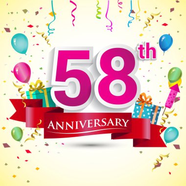 doğum günü partin için hediye kutusu ve balonlar, kırmızı kurdele, renkli vektör şablon öğeleri ile 58 yıldönümü kutlama tasarım