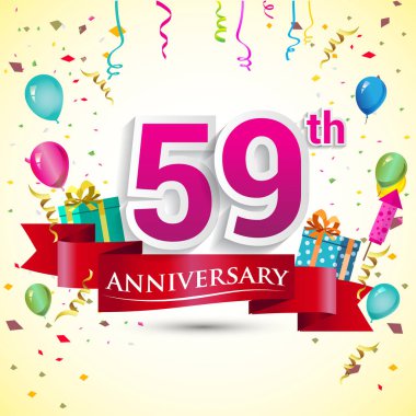 doğum günü partin için hediye kutusu ve balonlar, kırmızı kurdele, renkli vektör şablon öğeleri ile 59 yıldönümü kutlama tasarım