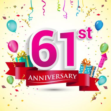doğum günü partin için hediye kutusu ve balonlar, kırmızı kurdele, renkli vektör şablon öğeleri ile 61 yıldönümü kutlama tasarım
