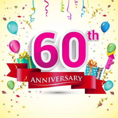 doğum günü partin için hediye kutusu ve balonlar, kırmızı kurdele, renkli vektör şablon öğeleri ile 60 yıldönümü kutlama tasarım