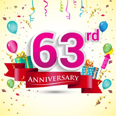 doğum günü partin için hediye kutusu ve balonlar, kırmızı kurdele, renkli vektör şablon öğeleri ile 63 yıldönümü kutlama tasarım