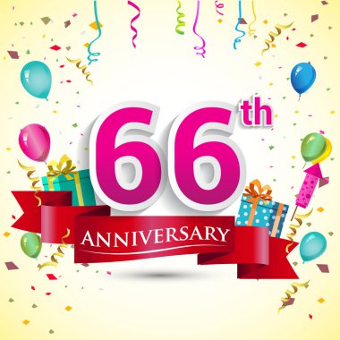 doğum günü partin için hediye kutusu ve balonlar, kırmızı kurdele, renkli vektör şablon öğeleri ile 66 yıldönümü kutlama tasarım