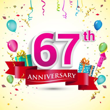 doğum günü partin için hediye kutusu ve balonlar, kırmızı kurdele, renkli vektör şablon öğeleri ile 67 yıldönümü kutlama tasarım