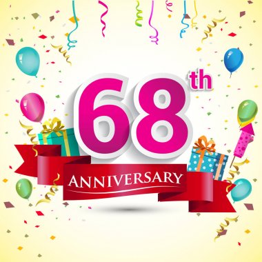 doğum günü partin için hediye kutusu ve balonlar, kırmızı kurdele, renkli vektör şablon öğeleri ile 68 yıldönümü kutlama tasarım