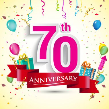 doğum günü partin için hediye kutusu ve balonlar, kırmızı kurdele, renkli vektör şablon öğeleri ile 70 yıldönümü kutlama tasarım