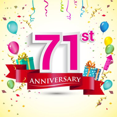 doğum günü partin için hediye kutusu ve balonlar, kırmızı kurdele, renkli vektör şablon öğeleri ile 71 yıldönümü kutlama tasarım