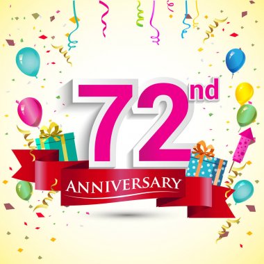 doğum günü partin için hediye kutusu ve balonlar, kırmızı kurdele, renkli vektör şablon öğeleri ile 72 yıldönümü kutlama tasarım