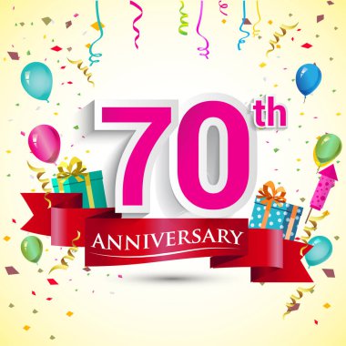 doğum günü partin için hediye kutusu ve balonlar, kırmızı kurdele, renkli vektör şablon öğeleri ile 70 yıldönümü kutlama tasarım