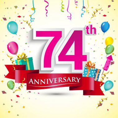doğum günü partin için hediye kutusu ve balonlar, kırmızı kurdele, renkli vektör şablon öğeleri ile 74 yıldönümü kutlama tasarım