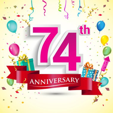 doğum günü partin için hediye kutusu ve balonlar, kırmızı kurdele, renkli vektör şablon öğeleri ile 74 yıldönümü kutlama tasarım