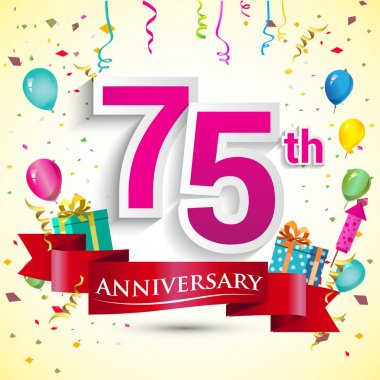 doğum günü partin için hediye kutusu ve balonlar, kırmızı kurdele, renkli vektör şablon öğeleri ile 75 yıldönümü kutlama tasarım