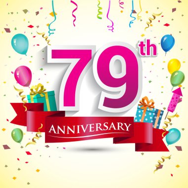 doğum günü partin için hediye kutusu ve balonlar, kırmızı kurdele, renkli vektör şablon öğeleri ile 79 yıldönümü kutlama tasarım