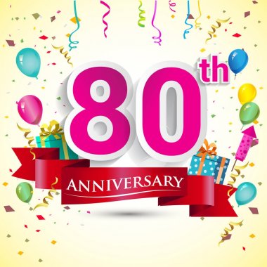 doğum günü partin için hediye kutusu ve balonlar, kırmızı kurdele, renkli vektör şablon öğeleri ile 80 yıldönümü kutlama tasarım