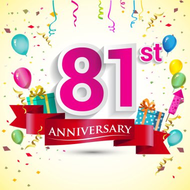 doğum günü partin için hediye kutusu ve balonlar, kırmızı kurdele, renkli vektör şablon öğeleri ile 81 yıl yıldönümü kutlama tasarım