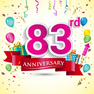 doğum günü partin için hediye kutusu ve balonlar, kırmızı kurdele, renkli vektör şablon öğeleri ile 83 yıldönümü kutlama tasarım