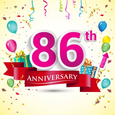 doğum günü partin için hediye kutusu ve balonlar, kırmızı kurdele, renkli vektör şablon öğeleri ile 86 yıldönümü kutlama tasarım