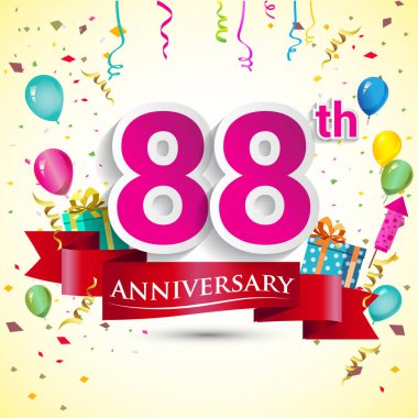 doğum günü partin için hediye kutusu ve balonlar, kırmızı kurdele, renkli vektör şablon öğeleri ile 88 yıldönümü kutlama tasarım