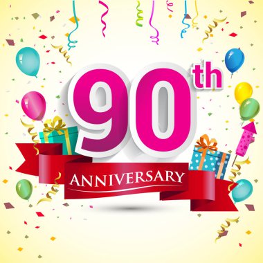 doğum günü partin için hediye kutusu ve balonlar, kırmızı kurdele, renkli vektör şablon öğeleri ile 90'ıncı yıldönümü kutlama tasarım