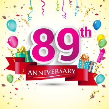 doğum günü partin için hediye kutusu ve balonlar, kırmızı kurdele, renkli vektör şablon öğeleri ile 89 yıldönümü kutlama tasarım