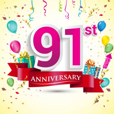 doğum günü partin için hediye kutusu ve balonlar, kırmızı kurdele, renkli vektör şablon öğeleri ile 91 yıldönümü kutlama tasarım
