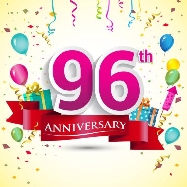 doğum günü partin için hediye kutusu ve balonlar, kırmızı kurdele, renkli vektör şablon öğeleri ile 96 yıldönümü kutlama tasarım