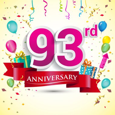 doğum günü partin için hediye kutusu ve balonlar, kırmızı kurdele, renkli vektör şablon öğeleri ile 93 yıldönümü kutlama tasarım