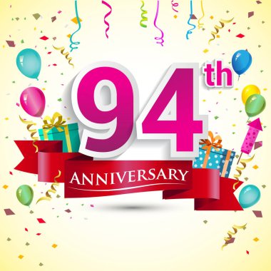 doğum günü partin için hediye kutusu ve balonlar, kırmızı kurdele, renkli vektör şablon öğeleri ile 94 yıldönümü kutlama tasarım