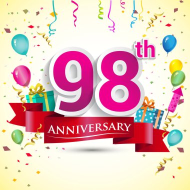 doğum günü partin için hediye kutusu ve balonlar, kırmızı kurdele, renkli vektör şablon öğeleri ile 98 yıldönümü kutlama tasarım