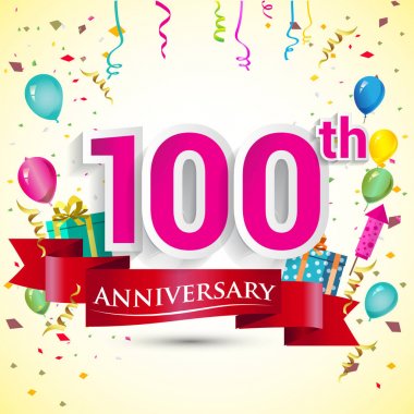 doğum günü partin için hediye kutusu ve balonlar, kırmızı kurdele, renkli vektör şablon öğeleri ile 100 yıldönümü kutlama tasarım