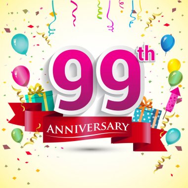 doğum günü partin için hediye kutusu ve balonlar, kırmızı kurdele, renkli vektör şablon öğeleri ile 99 yıl yıldönümü kutlama tasarım