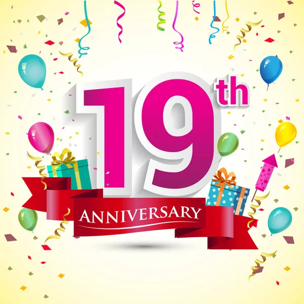 19E Verjaardag Viering Design Met Handige Geschenk Doos Ballonnen Rood — Stockvector
