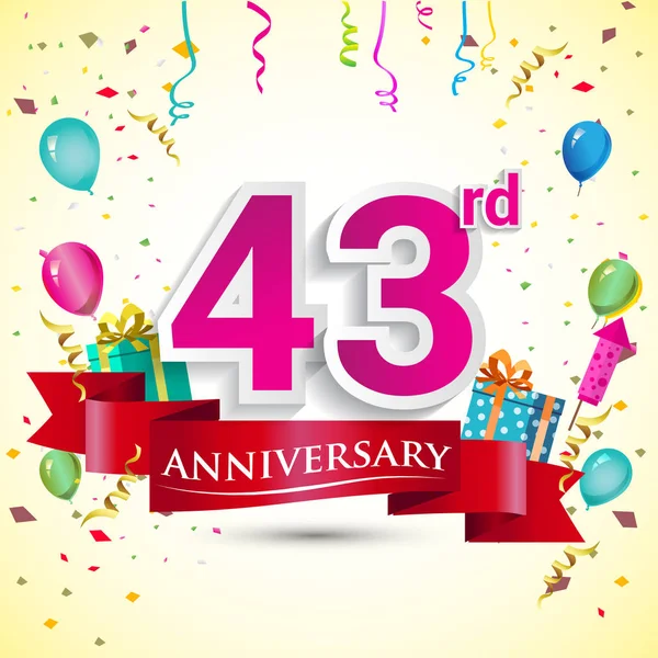 43Ste Verjaardag Viering Design Met Handige Geschenk Doos Ballonnen Rood — Stockvector