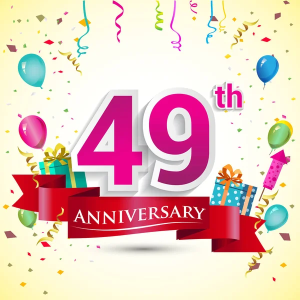 49E Verjaardag Viering Design Met Handige Geschenk Doos Ballonnen Rood — Stockvector