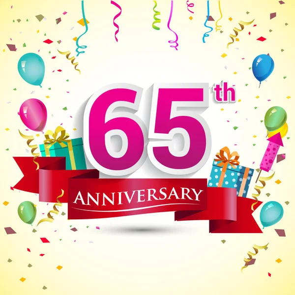 65Th Anniversary Celebration Design Con Caja Regalo Globos Cinta Roja — Vector de stock