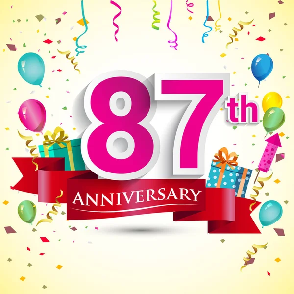 87Ste Verjaardag Viering Design Met Handige Geschenk Doos Ballonnen Rood — Stockvector
